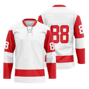 Jersey de Hockey sobre Hielo Personalizado para Hombre, Rojo, Negro y Blanco, Cuello Redondo, Manga Tres Cuartos, Impresión Digital, Poliéster que Absorbe la Humedad, 320g - Product Image 2