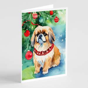 Whimsical A7 Size <b>5x7</b> Blank Note Cards Pack of 8 Christmas Greeting Cards <b>Envelopes</b> Featuring Pekingese Christmas Characters - Product Image 1