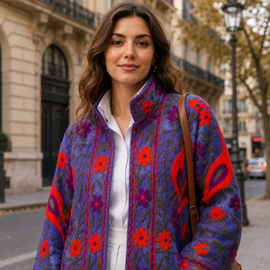 MORVI FAB Chic Veste matelassée en feutre de laine brodée Suzani écologique pour femme, col montant, devant ouvert, motif floral paon, style bohème en coton - Product Image 3