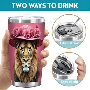 Vaso de acero inoxidable de 20 oz con doble pared aislante y diseño de león y sombrero de flores para café, té y viajes - Product Image 5