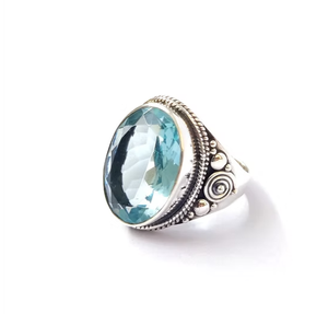 Classic Vintage Blue Quartz <b>Ring</b> 925 Sterling <b>Silver</b> Intricate <b>Solitaire</b> Wide Band Fine Antique Look Jewelry Gift - Product Image 2