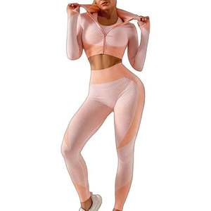 Pink 3 Piece Yoga Set Crisscross Strap Sports Bra Full Length Leggings Seamless <b>Mesh</b> Activewear High Waist Spandex Polyester - Product Image 3