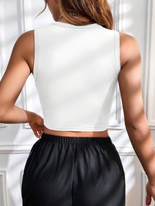Women's Plus Size <b>White</b> Sleeveless Crop Top with Black Face Print Crew Neck Denim Streetwear Regular Fit Summer Wear Tie-Dye - Product Image 5