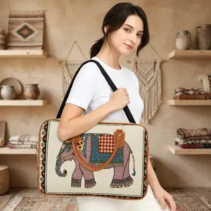 Bolsa de Viaje de Lona con Estampado de Elefantes, Asas de Cuero, Cierre de Cremallera, Bolsa de Viaje Resistente - Product Image 4