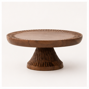 Handcrafted Natural Wood <b>Cake</b> <b>Stand</b> Round Pedestal Dessert Display Platter With Carved Scalloped Edge For Weddings And Parties - Product Image 3