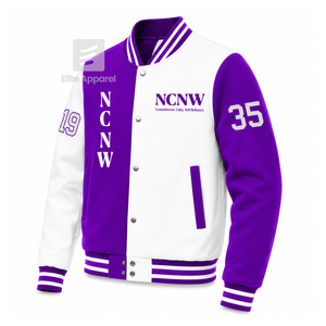 Veste universitaire personnalisée NCNW Council, violette et blanche, manches longues, col à bande sur le devant, logo brodé, coton - Product Image 2