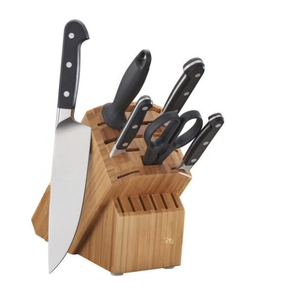 Ensemble de couteaux de cuisine à manche riveté noir avec lames argentées, bloc en bambou marron, ciseaux et aiguiseur pour la préparation culinaire à domicile - Product Image 5