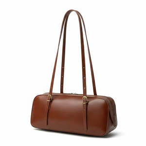 Sac cylindrique en cuir marron de luxe, bandoulière réglable, design vintage tendance, motif géométrique, doublure en polyester, fermeture éclair - Product Image 6