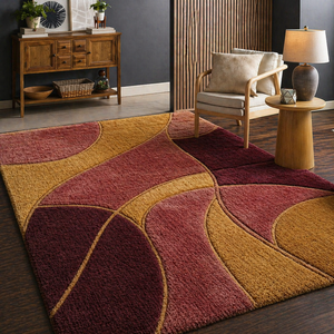 Tapis en laine abstrait, tapis moderne tufté, tapis géométrique bordeaux moutarde, tapis en laine douce fait main, tapis de luxe pour salon et chambre - Product Image 3