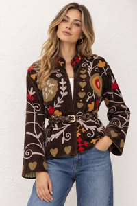 Chaqueta Bomber Tejida a Mano con Bordado Floral Suzani |   Terciopelo Indio Boho |   Reversible y Ecológico |   Lana de Nailon Rajasthani - Product Image 5