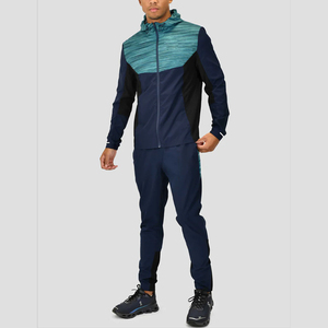 Ensemble coupe-vent à capuche pour homme, color block, bleu marine et vert sarcelle, en polyester tricoté, séchage rapide, style sportif, en vente en ligne - Product Image 1