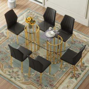 Set da Pranzo di Lusso con Tavolo Ovale in Vetro Temperato da 71 Pollici e Doppia Colonna Dorata Abbinato a 6 Sedie in PU Nero - Product Image 3