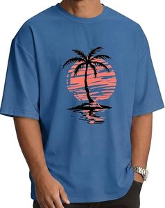 T-shirt pour homme à manches courtes, col rond, imprimé palmiers et coucher de soleil bleu, coupe classique décontractée, en jersey de coton - Product Image 3