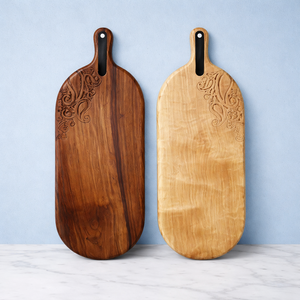 Tabla de Cortar de Madera de Acacia de Doble Tono, Forma Ovalada Larga, Detalle de Esquina Grabado, Lisa, Duradera y Segura para Alimentos - Product Image 1