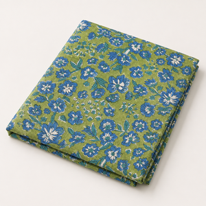 Tela de algodón con estampado floral verde oliva y motivo de flores azules, textil suave y transpirable para confección de kurtis y dupattas. - Product Image 1