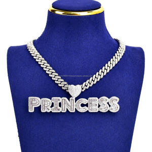 Moissanite Diamond PRINCESS Custom Name Necklace With Iced Out <b>Letter</b> Pendant Heart Detail And Sparkling Cuban Link Chain Luxury - Product Image 1
