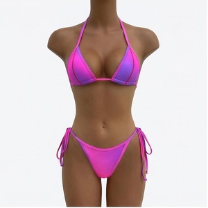 Conjunto de Bikini Halter Degradado Rosa para Mujer, Traje de Baño de Dos Piezas con Tiras Laterales Ajustables, Spandex y Poliéster, Ropa de Playa - Product Image 1
