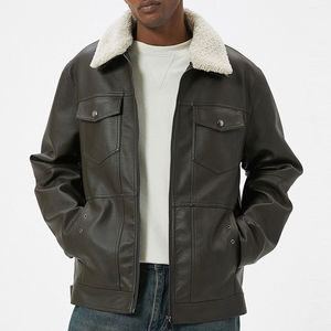 Veste en cuir pour homme style streetwear, hiver, haute qualité, grandes poches sur la poitrine, en toile marron, col montant, tricotée - Product Image 1