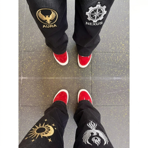 Men's Loose Mid Waist Boyfriend <b>Jeans</b> Breathable Medium Wash Denim Graphic Embroidery Front Logo Spring Summer Autumn Winter - Product Image 3
