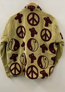 Handcrafted Vintage Yellow Velvet <b>Jacket</b> Boho <b>Hippie</b> Outerwear Unique Streetwear Unisex Casual Warm Full Zip Collar Coat - Product Image 2