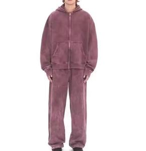 Ensemble de survêtement complet en coton épais 100 %, style rétro délavé à l'acide, comprenant un sweat à capuche oversize et un pantalon de survêtement évasé, conçu pour le streetwear haut de gamme - Product Image 1