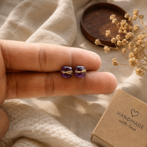 <b>Amethyst</b> Cushion Stud Earrings 8mm Wire Wrapped –Gold Plated Handmade Purple Fashion Stud Jewelry - Product Image 1