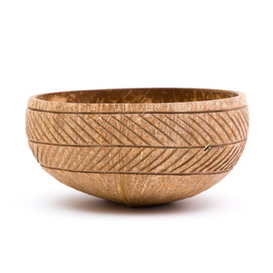 Ensemble de bols en noix de coco faits à la main, design Wabi-Sabi sculpté, motifs plumes, horizontaux, rayures, vagues, 13-15 cm, écologiques, jetables, vintage - Product Image 1