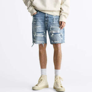 Shorts en jean déchirés et délavés pour hommes, taille mi-haute élastique, ourlet brut, coupe décontractée, séchage rapide, respirant, 100% coton - Product Image 4