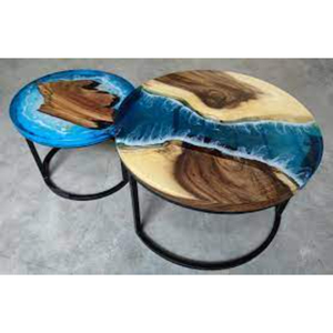Tables basses gigognes de luxe pour salon, thème océan, design haut de gamme, plateau rond en bois avec pieds en métal noir, pour la maison et l'hôtel - Product Image 1