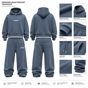 Ensemble deux pièces à épaules tombantes avec logo brodé personnalisé, en tissu polaire thermique, poche kangourou, poignets côtelés, vêtements de sport en gros - Product Image 5