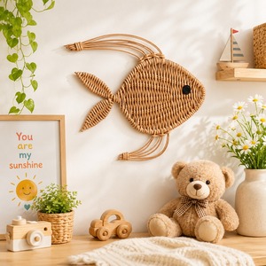 Decoración de Pared de Pescado de Ratán Hecha a Mano, Adorno Tejido de Estilo Costero, Decoración Natural con Temática Oceánica para Cuarto de Niños, Dormitorio y Hogar - Product Image 1