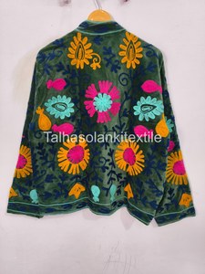 Handmade Prairie Chic Style Embroidered Floral Mandarin Collar <b>Velvet</b> <b>Jacket</b> Full Sleeve Autumn Women's Coat - Product Image 2