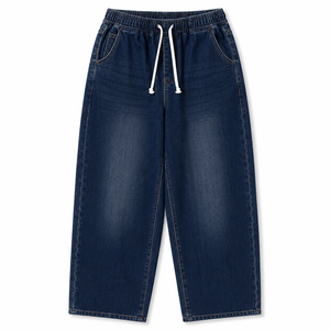 Men's Vintage Washed Drawstring Denim <b>Jeans</b> Loose Straight Leg Wide Leg Casual Cotton Trousers <b>Elastic</b> <b>Waist</b> Quick Dry - Product Image 2