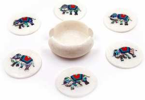 Juego de posavasos de mármol con diseño de elefante incrustado, 4.5 pulgadas, posavasos de piedra de diseño para decoración de mesa de cocina, ideas de regalos para Diwali - Product Image 4