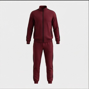 Men's <b>Maroon</b> Tracksuit Full Zip Stand Collar Casual Sportswear With Side Pockets Polyester Cotton Blend Autumn Wear - Product Image 1