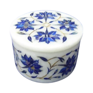 Boîte à bijoux ronde en marbre blanc avec incrustation de pierre lapis-lazuli de style royal, petite boîte à accessoires - Product Image 1