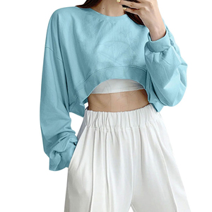Camiseta de punto corta para mujer, cuello redondo, azul claro, manga corta, color liso, cremallera frontal, ajuste holgado, informal, para primavera y verano, de secado rápido - Product Image 3