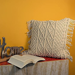 16 x 16 inches Bohemian Woven Macrame Handmade Cotton Cushion <b>Cover</b> Geometric <b>Throw</b> <b>Cover</b> for Couch Bed Hotel Décor Pillow <b>Cover</b> - Product Image 3