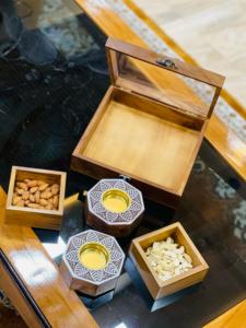 Handmade Polished Solid Wood Square Storage <b>Box</b> and Diwali <b>Hamper</b> with Divided Compartments for Nuts and 2-T Light Candle Holder - Product Image 5