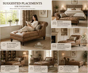 Chaise longue capitonnée en cuir avec accoudoirs roulés, canapé-lit classique en cuir marron pour salon, chambre, hôtel, mobilier de salon - Product Image 4