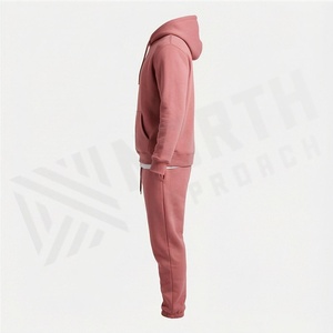 Unisex <b>Pink</b> Hooded <b>Tracksuit</b> Solid Color Casual Full Length Cotton Sweatshirt And Pants Set With Drawstring Closure - Product Image 3