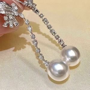 Wenchi S925 Pure Silver <b>Earrings</b> with 10-11MM Natural Round <b>Pearls</b> Almost Flawless Elegant Design for Women China - Product Image 3