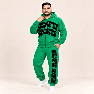 Survêtements verts avec appliqué lettres noires, ensemble unisexe sweat à capuche zippé et pantalon de jogging, étiquette personnalisée, streetwear décontracté, vente en gros - Product Image 2