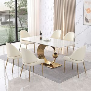 Set sala da pranzo da 71 pollici con Base a piedistallo in acciaio al carbonio bianco Carrara 6 pz sedie con tavolo e sedie in pietra - Product Image 3