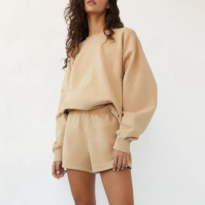 Women Casual Loose Fit <b>Sweatshirt</b> Set Solid Color Crew Neck Full Sleeve Shorts 100% Cotton Breathable Summer Outfit - Product Image 1