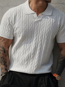 เสื้อเชิ้ตแขนสั้นผู้ชาย ผ้าถักลายแจ็คการ์ด คอเสื้อตัดกัน ผ้าเนื้อนุ่ม ระบายอากาศได้ดี เป็นมิตรกับสิ่งแวดล้อม ผลิตจากโพลีเอสเตอร์/คอตตอน ลายเรขาคณิต - Product Image 2