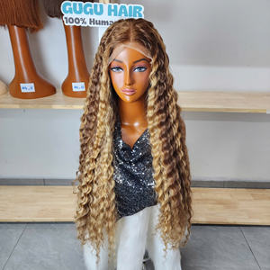 วิกผมลอนลึกสีบลอนด์ไฮไลท์แบบมีเชือกผูกด้านหน้า วิกผมแท้แบบ HD Lace Frontal  ไฮไลท์สีพีอาโน วิกผมลอนลึก - Product Image 2