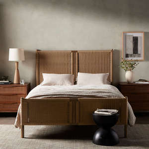 Wholesale Boho Solid Wood <b>Bed</b> with Natural Rattan Headboard | Cane Woven Double <b>Bed</b> <b>Frame</b> | Coastal Style Bedroom Furniture - Product Image 1