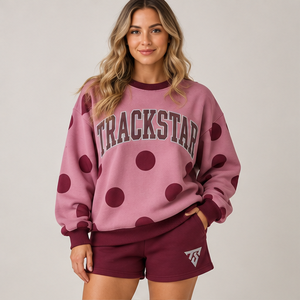 Conjunto Deportivo Casual Personalizado de 2 Piezas para Mujer, con Cuello Redondo y Estampado de Puntos Grandes en Color Rosa Polvoriento - Product Image 1