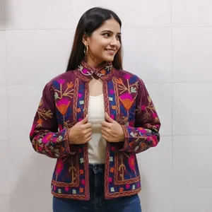 <b>Women</b> Ethnic Floral Suzani Cotton <b>Jacket</b> Burgundy Boho Embroidered <b>Vintage</b> Style Casual Lightweight Coat - Product Image 2
